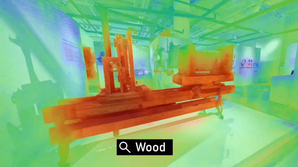 Heatmap of a spatial search for the material wood in a 3D-scanned exhibition room